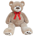 Large beige teddy bear with a red ribbon bow