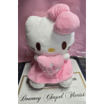 Hello Kitty plush holding a pink heart, wrapped in pink plastic