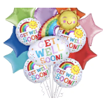 Bundle of colorful Get Well Soon foil balloons with rainbows, suns, and star shapes