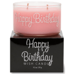 Pink birthday wish candle in a glass jar on a black box