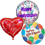 Three foil balloons reading Happy Anniversary, I Love You, and Happy Birthday