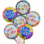 Cluster of colorful Happy Birthday foil balloons