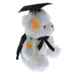 White plush teddy bear wearing a graduation cap and ribbon
