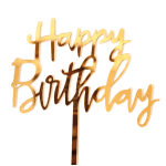 Gold "Happy Birthday" cake topper on a white background