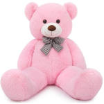 Pink teddy bear with a checkered bow