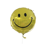 Yellow smiley-face foil balloon on a white background