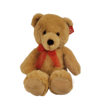 Brown teddy bear with a red ribbon bow