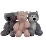 Three plush stuffed animals in gray and pink sit together on a white background.