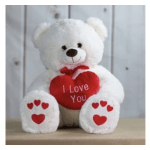 White teddy bear holding a red heart that says I Love You