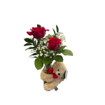 Two red roses in a vase with a teddy bear attached