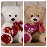 Two teddy bears holding heart pillows with LOVE text