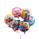 Bouquet of colorful Happy Birthday foil balloons on curling ribbons