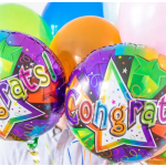 Colorful congrats balloons with star and confetti designs