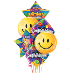 Cluster of colorful congratulatory balloons with smiley faces