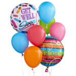 Cluster of colorful balloons, including two get-well message balloons