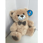 Plush teddy bear with a bow tie and tag