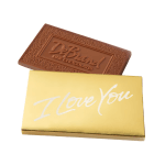 Two chocolate bars, one gold and one brown, with love messages