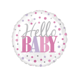 Round foil balloon reading Hello Baby with pink and lavender polka dots