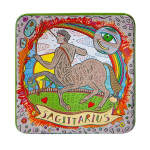 Colorful square Sagittarius zodiac tin with centaur archer, rainbow, and doodle-style border