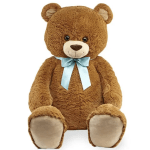 Brown teddy bear with a blue ribbon bow