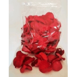 Bag of red rose petals on a white background