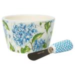 Floral-patterned ceramic bowl with a stainless steel spreader