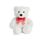 White teddy bear with a red ribbon bow