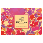 Rectangular Godiva chocolate box with colorful abstract flowers in pink, red, and yellow