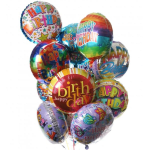 Cluster of colorful birthday balloons with printed messages