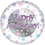 Round balloon with "Happy Anniversary!" text and pastel hearts and stars