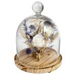 White rose under a glass dome on a wooden base