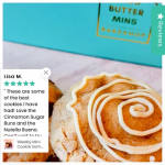 Iced cinnamon sugar cookie with a review overlay and bakery branding