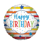 Round birthday balloon with colorful stripes and stars
