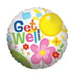 Round foil balloon with "Get Well" text and colorful flowers