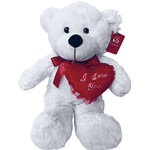 White teddy bear holding a red heart with "I Love You" text