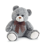 Gray teddy bear with a brown ribbon bow