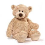 Beige teddy bear plush toy sitting on a white background