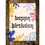 Birthday greeting card with black text and colorful abstract shapes on a white background
