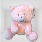 Pink plush teddy bear with a product tag