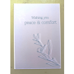 Sympathy greeting card with 'Wishing you peace & comfort' text and simple leaf line art on a soft gray background