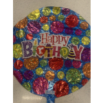Round foil birthday balloon with colorful polka dots and "Happy Birthday" text