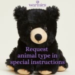 Black plush teddy bear with a cream snout and paws