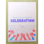 Celebration greeting card with colorful confetti and hands raising champagne glasses