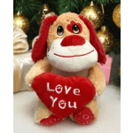 Plush dog holding a red heart that says Love You