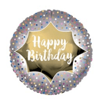 Round birthday balloon with multicolored confetti dots and "Happy Birthday" text