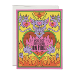 Bright greeting card with purple horned cat, hearts, flames and text 'You set my soul on fire!'