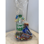 Gift bag with a Sprite bottle and assorted candy bars wrapped in clear cellophane