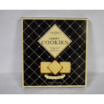 Box of crispy cookies with a black and gold patterned label