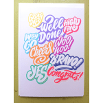 Colorful congratulations greeting card with bold hand-lettered phrases on a white background