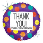 Round purple thank-you balloon with colorful polka dots